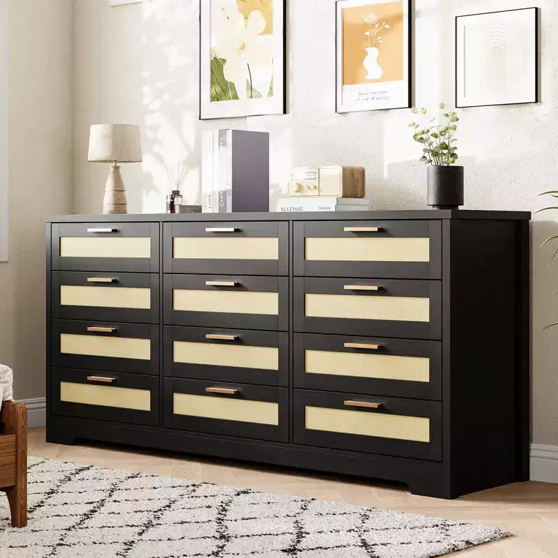 Cassettiera COZONY a 12 cassetti, comò moderno largo 160 cm con maniglie in legno, contenitore per camera da letto e mobile porta TV per soggiorno, corridoio