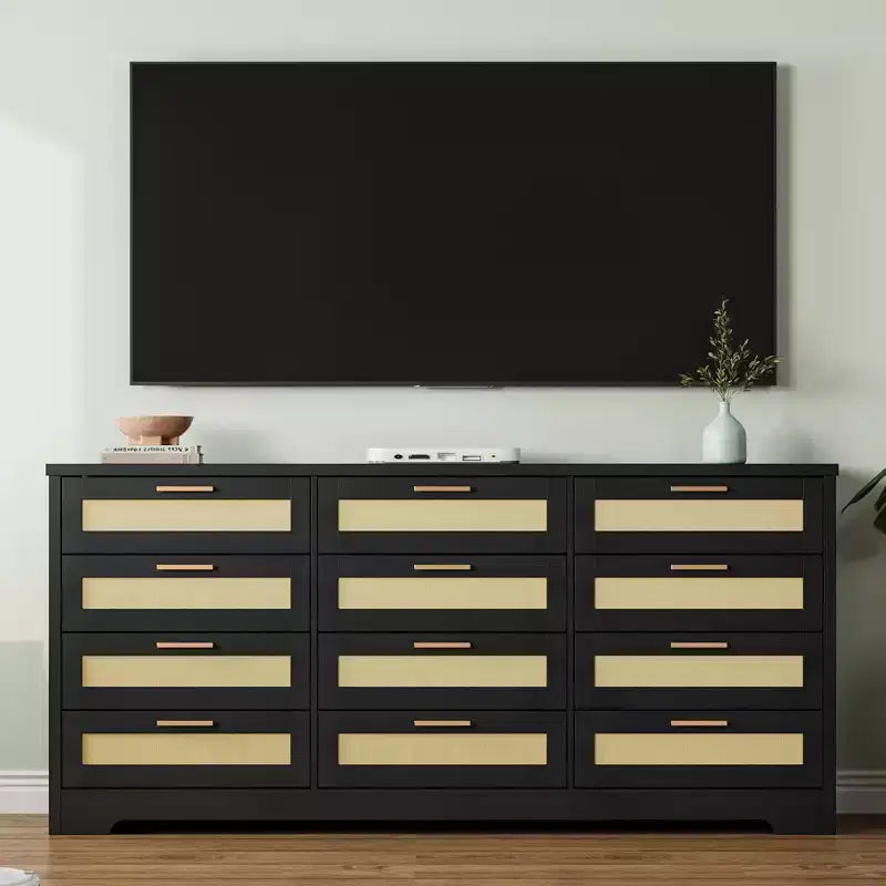 Cassettiera COZONY a 12 cassetti, comò moderno largo 160 cm con maniglie in legno, contenitore per camera da letto e mobile porta TV per soggiorno, corridoio