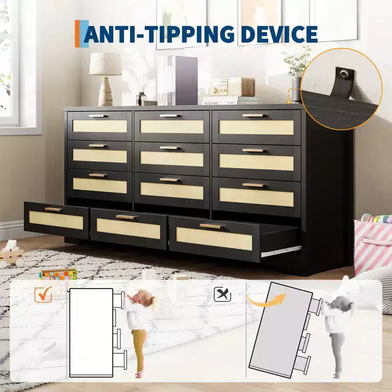 Cassettiera COZONY a 12 cassetti, comò moderno largo 160 cm con maniglie in legno, contenitore per camera da letto e mobile porta TV per soggiorno, corridoio