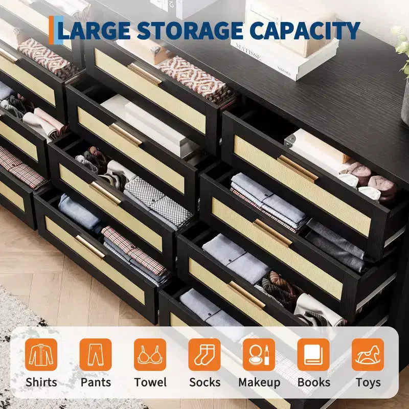 Cassettiera COZONY a 12 cassetti, comò moderno largo 160 cm con maniglie in legno, contenitore per camera da letto e mobile porta TV per soggiorno, corridoio
