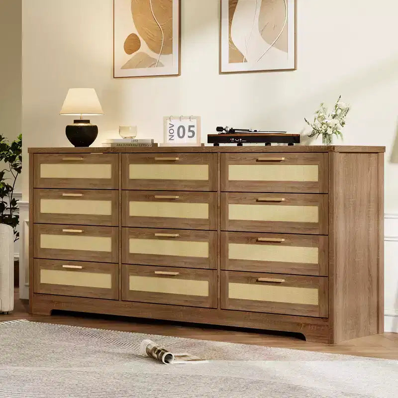 Cassettiera COZONY a 12 cassetti, comò moderno largo 160 cm con maniglie in legno, contenitore per camera da letto e mobile porta TV per soggiorno, corridoio
