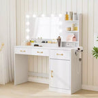 COZONY Makeup Vanity Table with Mirror, LED Bulbs & Power Outlet, Modern Dressing Table with 3 Drawers & Storage Shelves for Bedroom , White