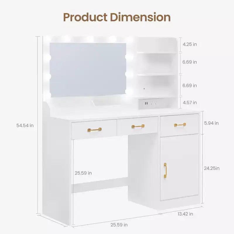 COZONY Tavolo da trucco con specchio, luci LED e presa elettrica, moderna toeletta con 3 cassetti e ripiani portaoggetti per la camera da letto, bianco