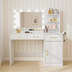 COZONY Tavolo da trucco con specchio, luci LED e presa elettrica, moderna toeletta con 3 cassetti e ripiani portaoggetti per la camera da letto, bianco