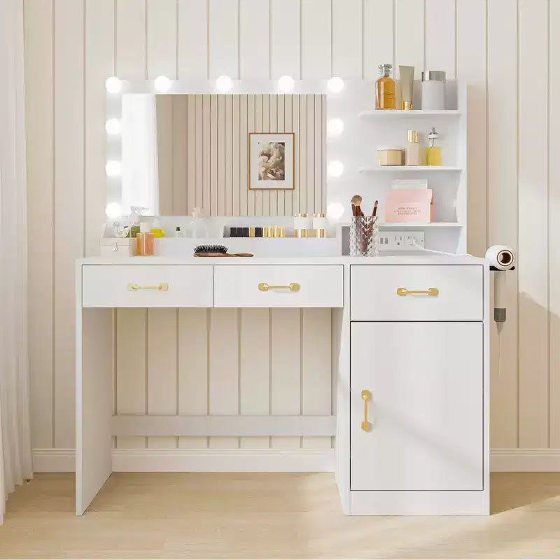 COZONY Tavolo da trucco con specchio, luci LED e presa elettrica, moderna toeletta con 3 cassetti e ripiani portaoggetti per la camera da letto, bianco