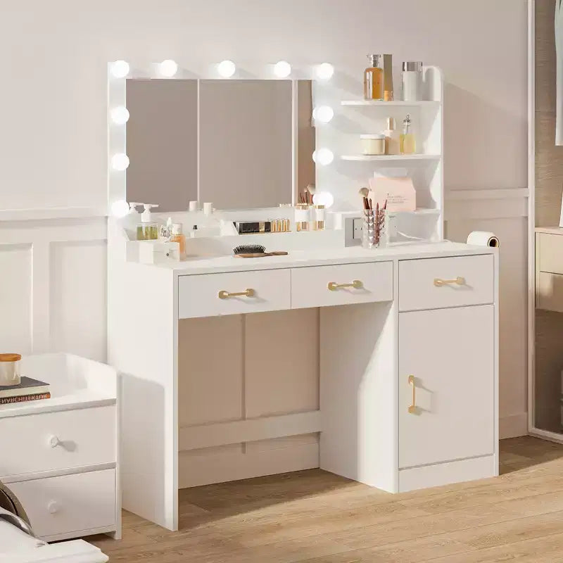 COZONY Tavolo da trucco con specchio, luci LED e presa elettrica, moderna toeletta con 3 cassetti e ripiani portaoggetti per la camera da letto, bianco