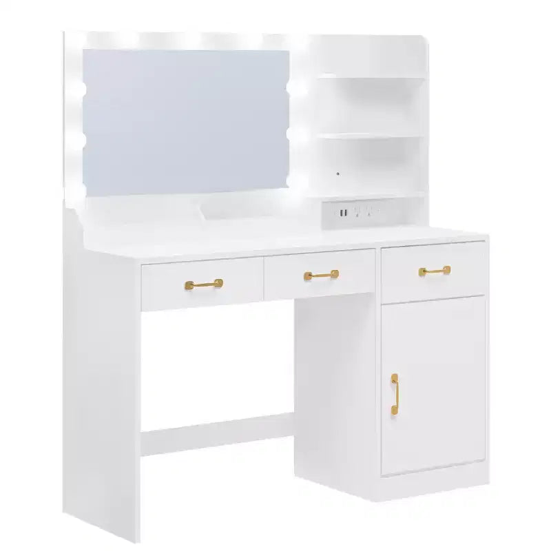 COZONY Tavolo da trucco con specchio, luci LED e presa elettrica, moderna toeletta con 3 cassetti e ripiani portaoggetti per la camera da letto, bianco