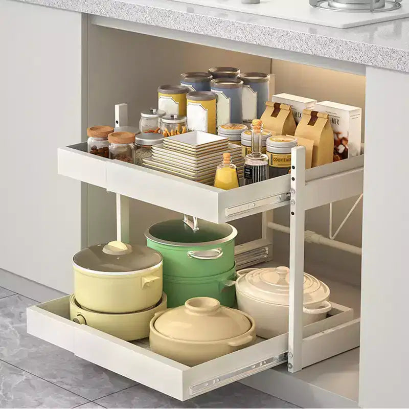 Cassetti Estraibili da Cucina per Armadietti, Organizer Scorrevole Regolabile a 2 Livelli, Porta Pentole e Padelle Sottopensile, Acciaio al Carbonio Resistente