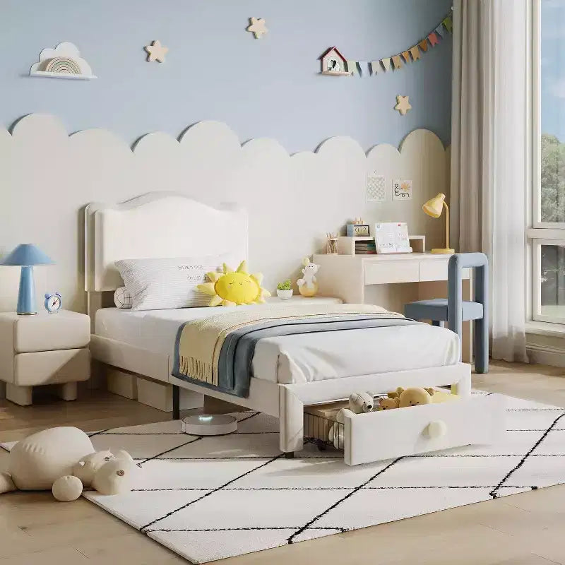Struttura letto per bambini Acekool imbottita con testiera e cassetto portaoggetti, velluto