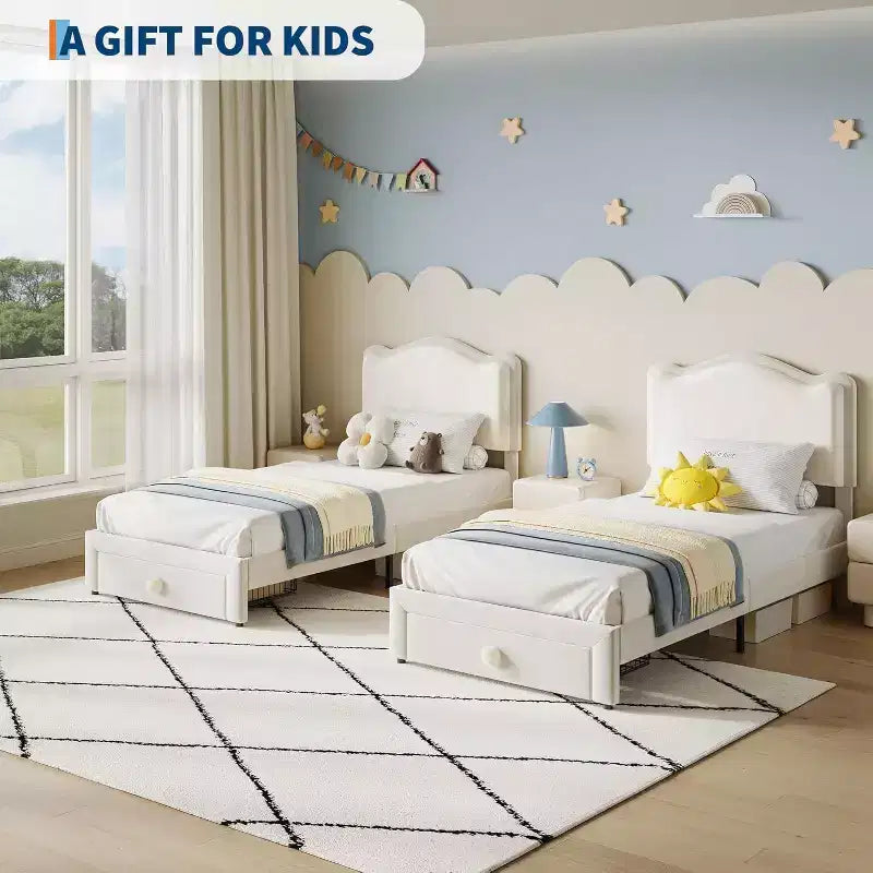 Struttura letto per bambini Acekool imbottita con testiera e cassetto portaoggetti, velluto