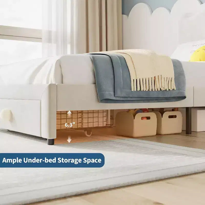 Struttura letto per bambini Acekool imbottita con testiera e cassetto portaoggetti, velluto