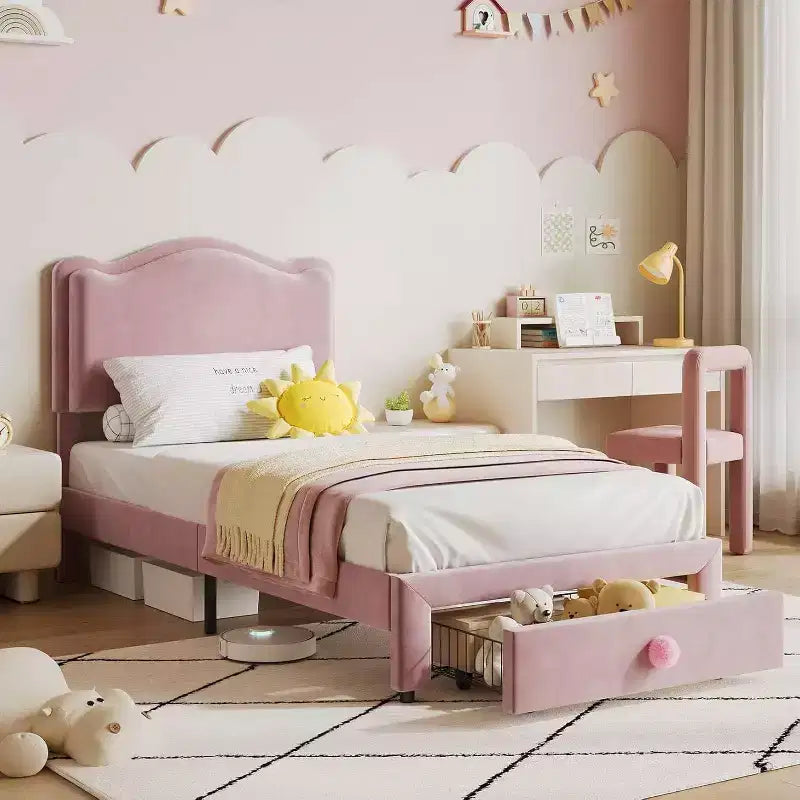 Struttura letto per bambini Acekool imbottita con testiera e cassetto portaoggetti, velluto