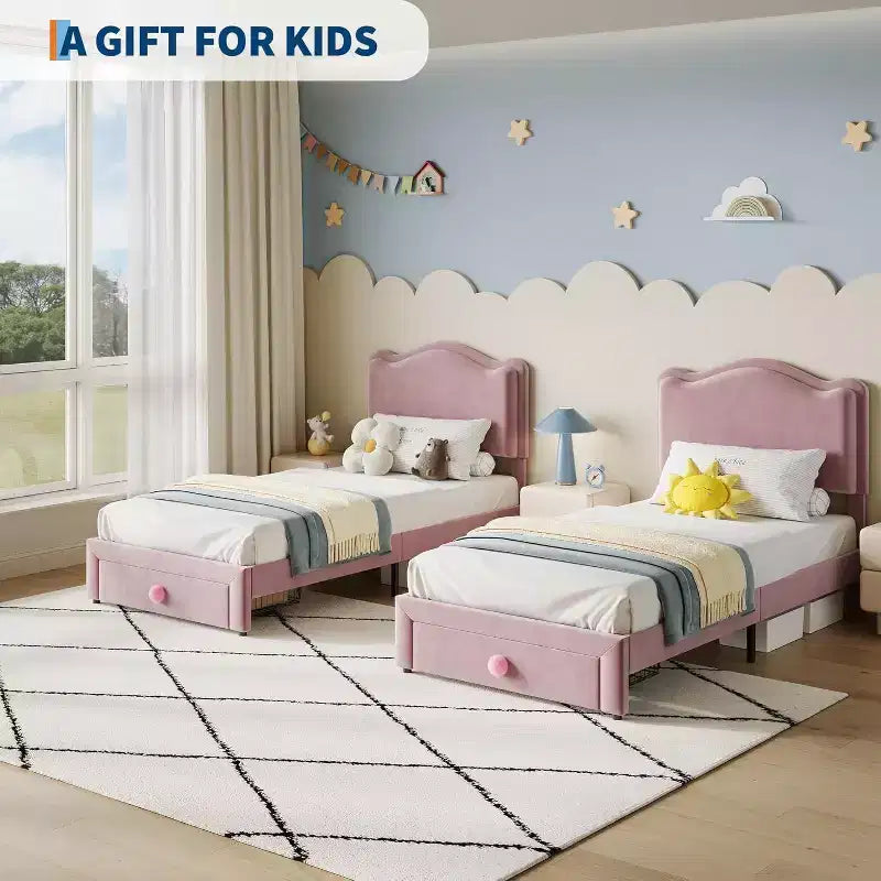 Struttura letto per bambini Acekool imbottita con testiera e cassetto portaoggetti, velluto