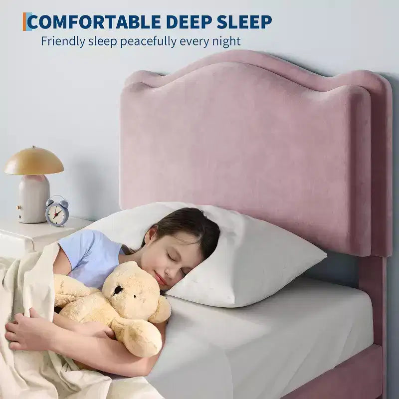 Struttura letto per bambini Acekool imbottita con testiera e cassetto portaoggetti, velluto