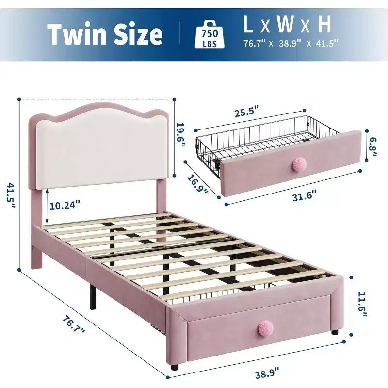 Struttura letto per bambini Acekool imbottita con testiera e cassetto portaoggetti, velluto