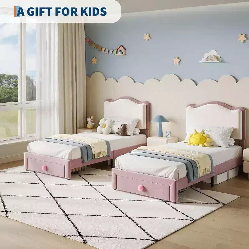 Struttura letto per bambini Acekool imbottita con testiera e cassetto portaoggetti, velluto