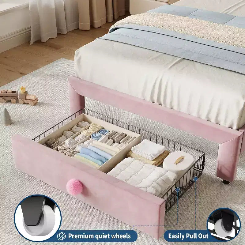 Struttura letto per bambini Acekool imbottita con testiera e cassetto portaoggetti, velluto