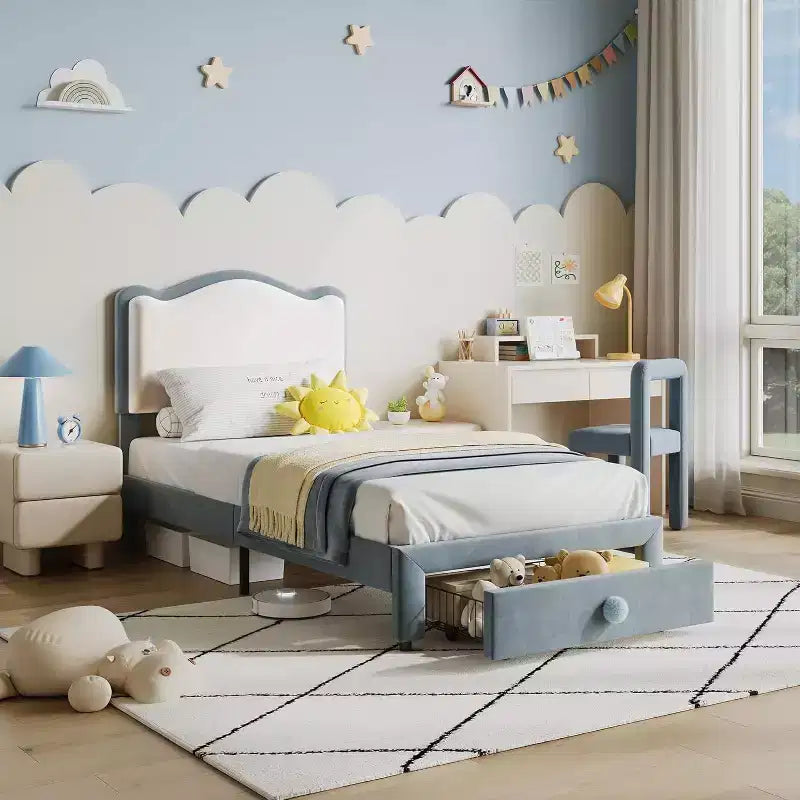 Struttura letto per bambini Acekool imbottita con testiera e cassetto portaoggetti, velluto