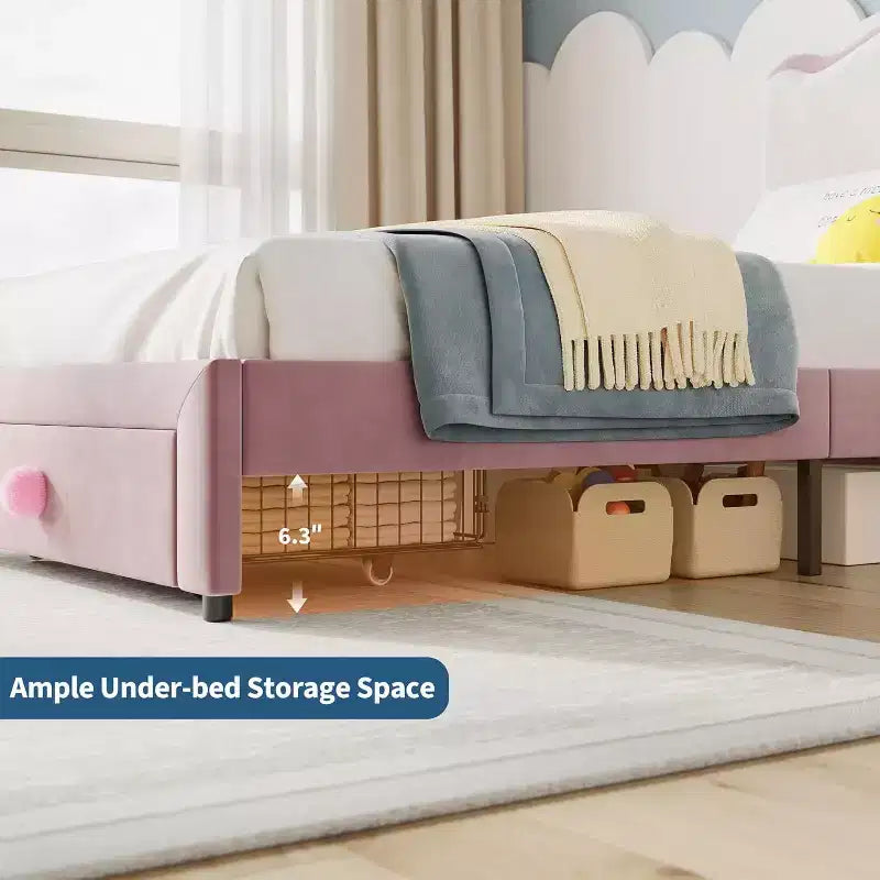 Struttura letto per bambini Acekool imbottita con testiera e cassetto portaoggetti, velluto