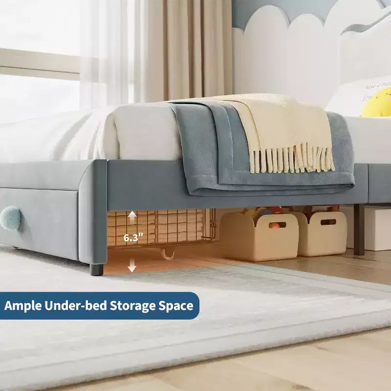 Struttura letto per bambini Acekool imbottita con testiera e cassetto portaoggetti, velluto