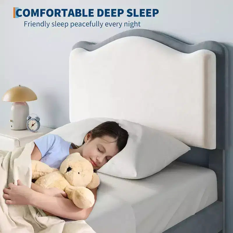 Struttura letto per bambini Acekool imbottita con testiera e cassetto portaoggetti, velluto
