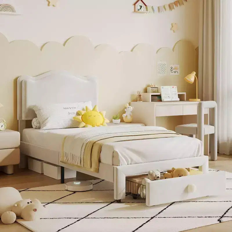 Struttura letto per bambini Acekool imbottita con testiera e cassetto portaoggetti, velluto