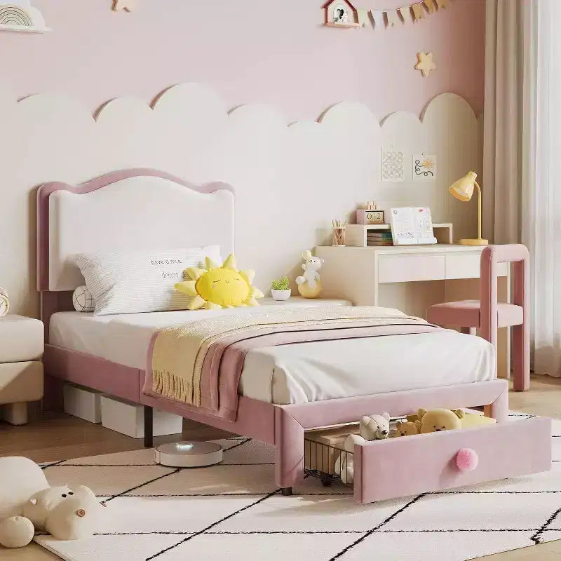 Struttura letto per bambini Acekool imbottita con testiera e cassetto portaoggetti, velluto