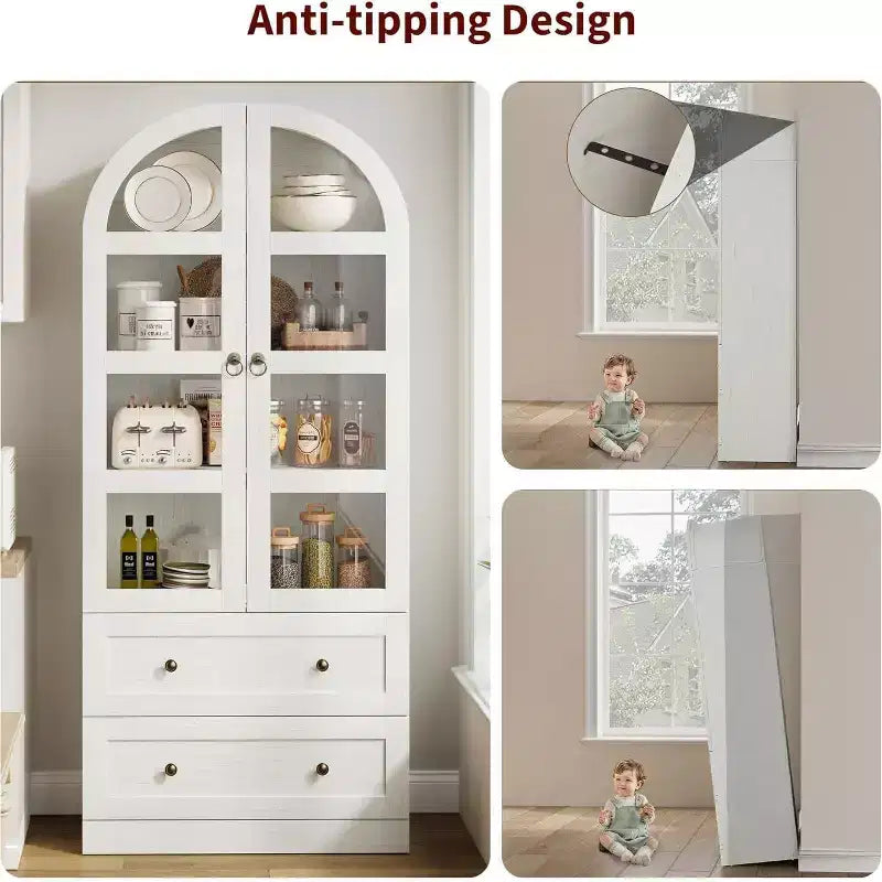 Dispensa da Cucina, Mobile Dispensa Alto 72 Pollici con Arco, Armadietto Multiuso in Legno Stile Rustico con Cassetti, Armadio Moderno Stile Fattoria