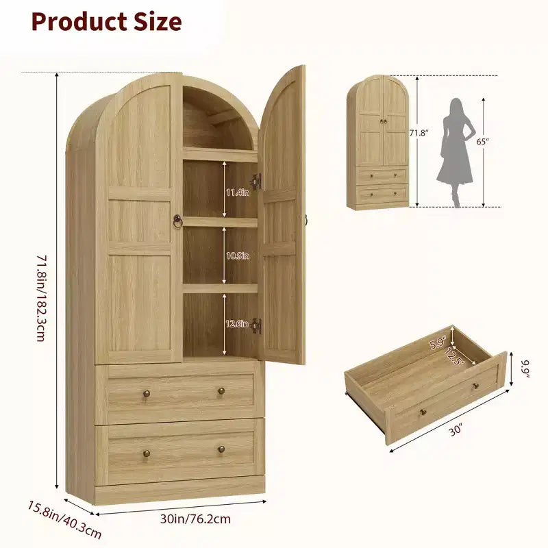 Dispensa da Cucina, Mobile Dispensa Alto 72 Pollici con Arco, Armadietto Multiuso in Legno Stile Rustico con Cassetti, Armadio Moderno Stile Fattoria