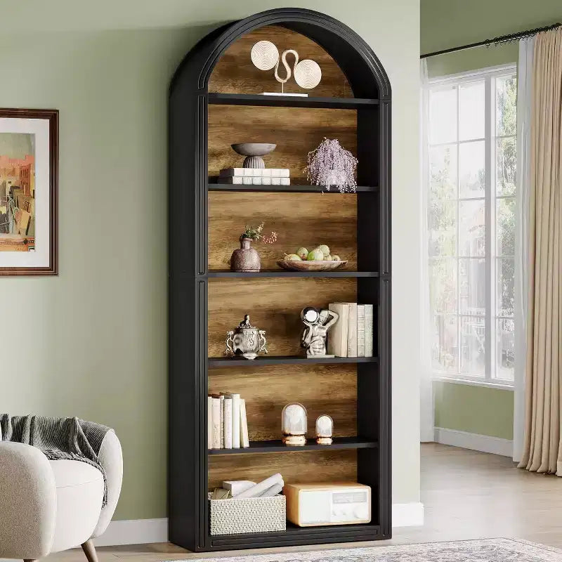 Lantine Libreria ad arco a 6 ripiani, libreria alta 196 cm, scaffale a giorno da pavimento per soggiorno, ufficio domestico