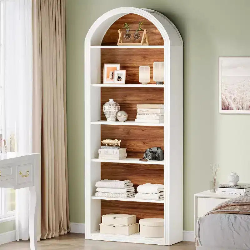 Lantine Libreria ad arco a 6 ripiani, libreria alta 196 cm, scaffale a giorno da pavimento per soggiorno, ufficio domestico