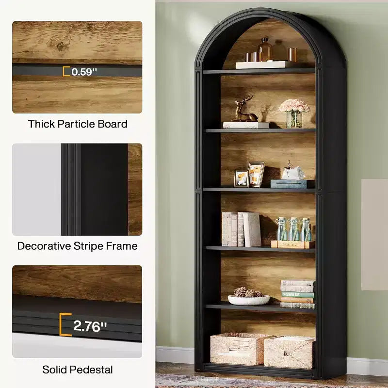 Lantine Libreria ad arco a 6 ripiani, libreria alta 196 cm, scaffale a giorno da pavimento per soggiorno, ufficio domestico