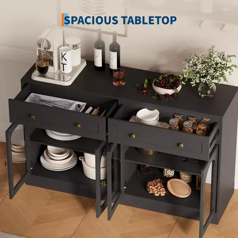 55Mobile credenza da fattoria con contenitore, Grande mobile credenza da cucina con 4 ante in acrilico e 2 cassetti, Tavolino da caffè moderno per la sala da pranzo