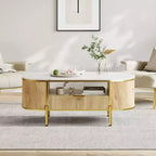 Tavolino da caffè moderno scanalato, Tavolino da caffè ovale da 48'' con cassetto, Piano in finto marmo, Tavolino da centro in legno con decorazione in metallo dorato per soggiorno