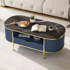 Tavolino da caffè moderno scanalato, Tavolino da caffè ovale da 48'' con cassetto, Piano in finto marmo, Tavolino da centro in legno con decorazione in metallo dorato per soggiorno