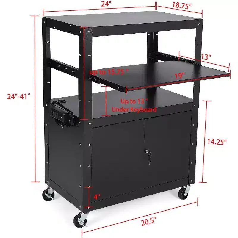 Carrello AV con armadietto chiudibile a chiave, altezza regolabile 24-42, tappetino antiscivolo, capacità 100 libbre