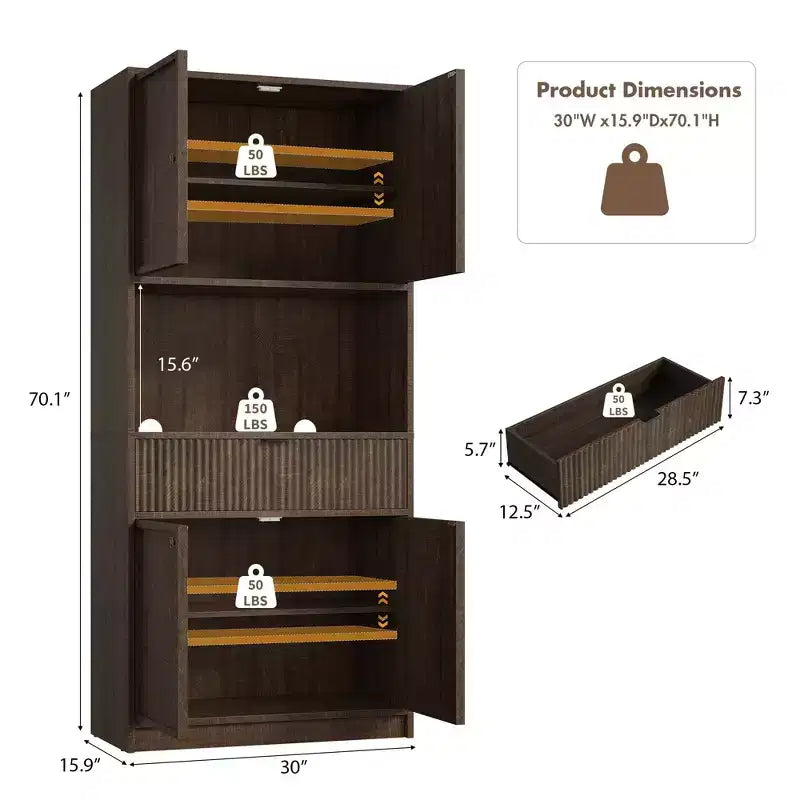 Dispensa alta da cucina, Mobile dispensa da 70 con piano di lavoro, Armadio da cucina con ante e cassetti, Credenza autoportante