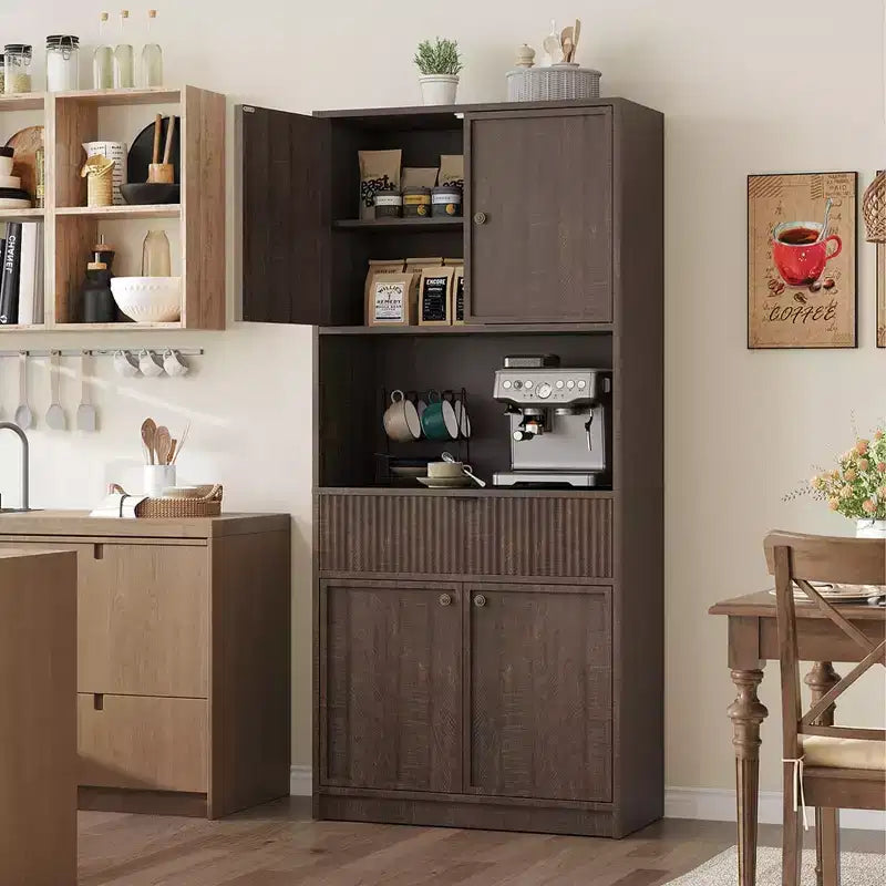 Dispensa alta da cucina, Mobile dispensa da 70 con piano di lavoro, Armadio da cucina con ante e cassetti, Credenza autoportante