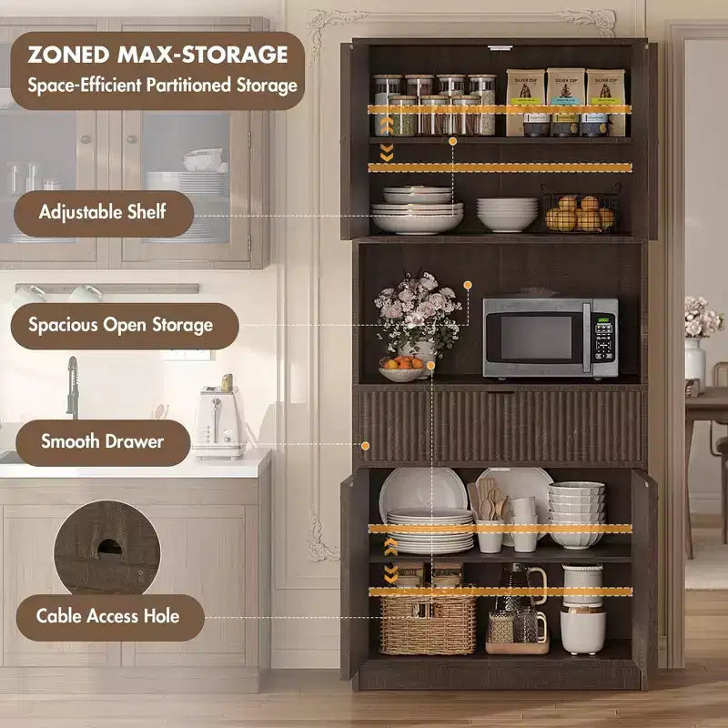 Dispensa alta da cucina, Mobile dispensa da 70 con piano di lavoro, Armadio da cucina con ante e cassetti, Credenza autoportante