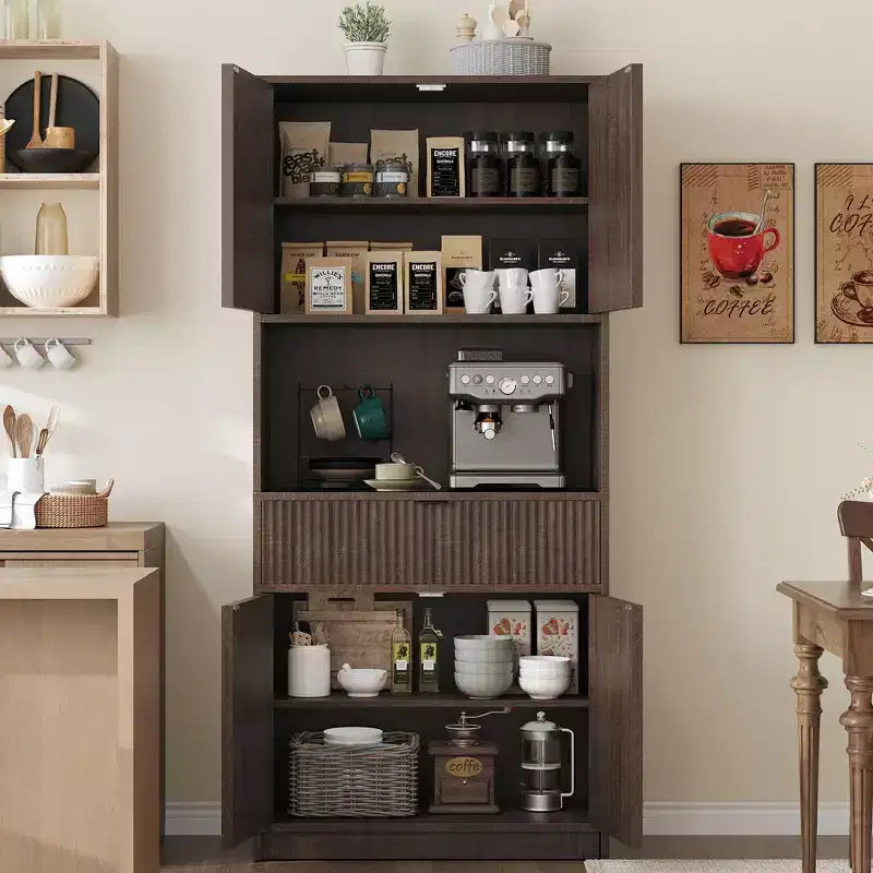 Dispensa alta da cucina, Mobile dispensa da 70 con piano di lavoro, Armadio da cucina con ante e cassetti, Credenza autoportante