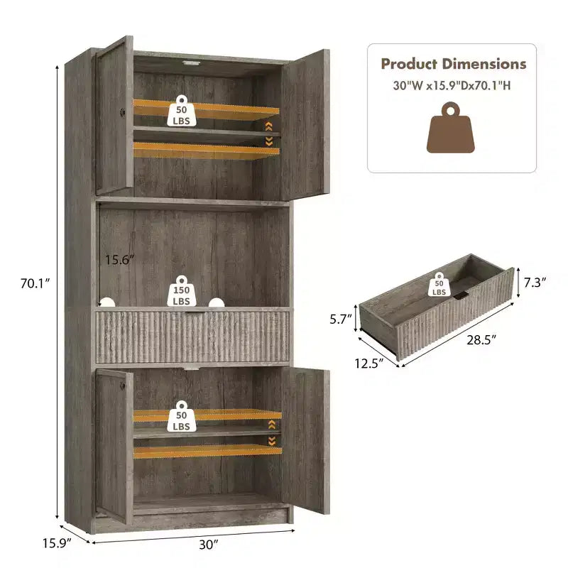 Dispensa alta da cucina, Mobile dispensa da 70 con piano di lavoro, Armadio da cucina con ante e cassetti, Credenza autoportante
