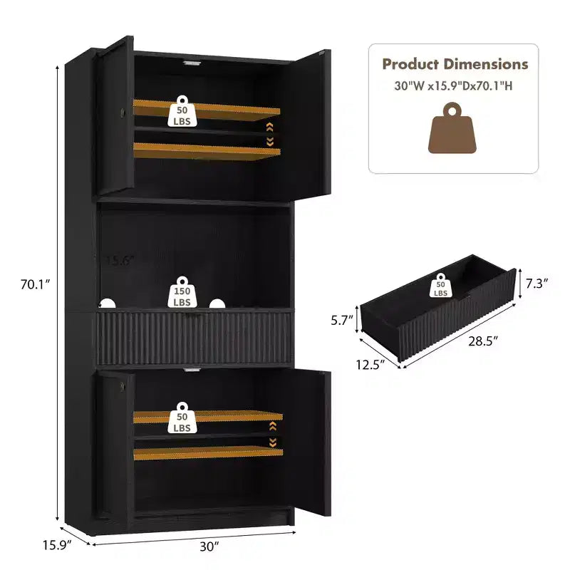 Dispensa alta da cucina, Mobile dispensa da 70 con piano di lavoro, Armadio da cucina con ante e cassetti, Credenza autoportante