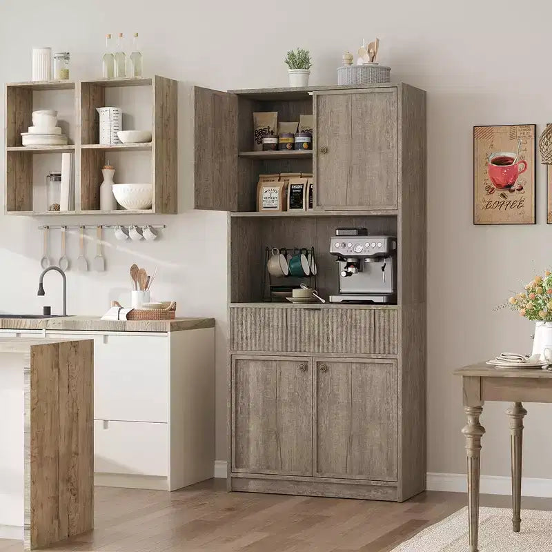 Dispensa alta da cucina, Mobile dispensa da 70 con piano di lavoro, Armadio da cucina con ante e cassetti, Credenza autoportante