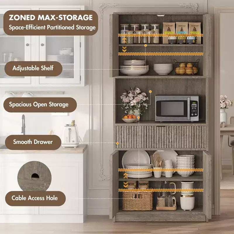 Dispensa alta da cucina, Mobile dispensa da 70 con piano di lavoro, Armadio da cucina con ante e cassetti, Credenza autoportante