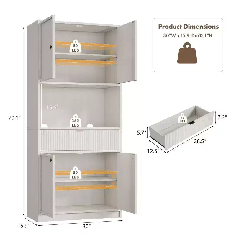 Dispensa alta da cucina, Mobile dispensa da 70 con piano di lavoro, Armadio da cucina con ante e cassetti, Credenza autoportante