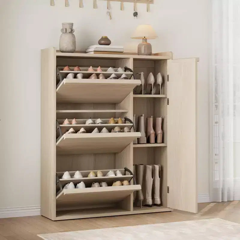 GustoWave Scarpiera con 3 Cassetti a Ribalta, Organizer per Scarpe Nascosto con Ripiani Regolabili, Scarpiera Indipendente in Legno