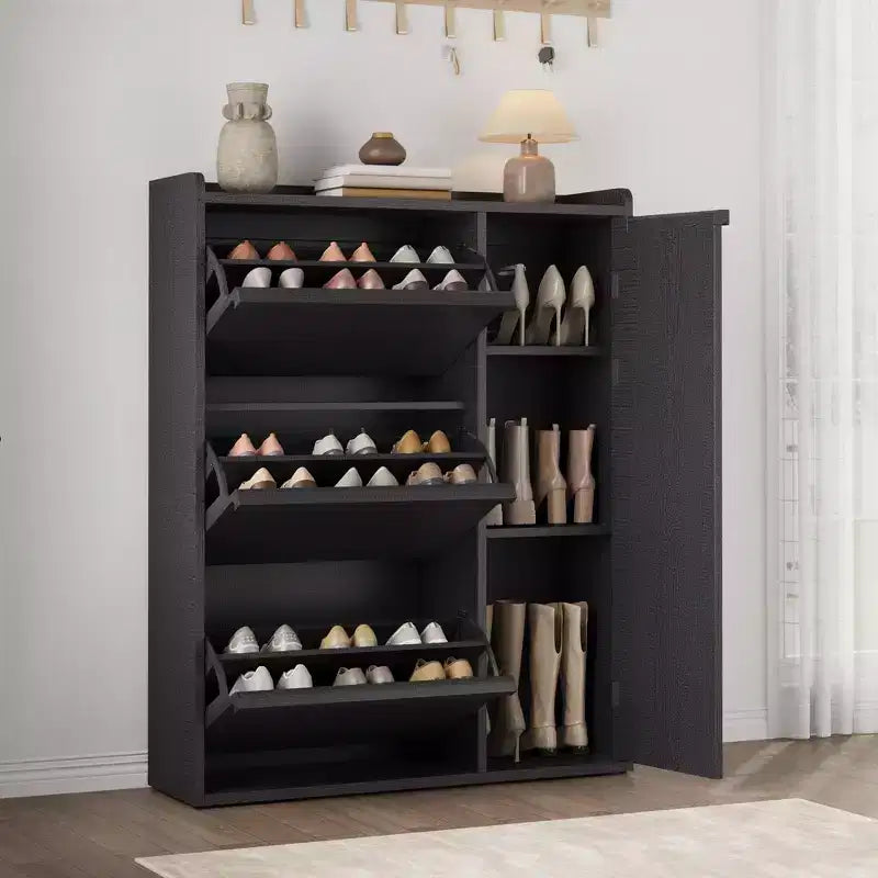 GustoWave Scarpiera con 3 Cassetti a Ribalta, Organizer per Scarpe Nascosto con Ripiani Regolabili, Scarpiera Indipendente in Legno