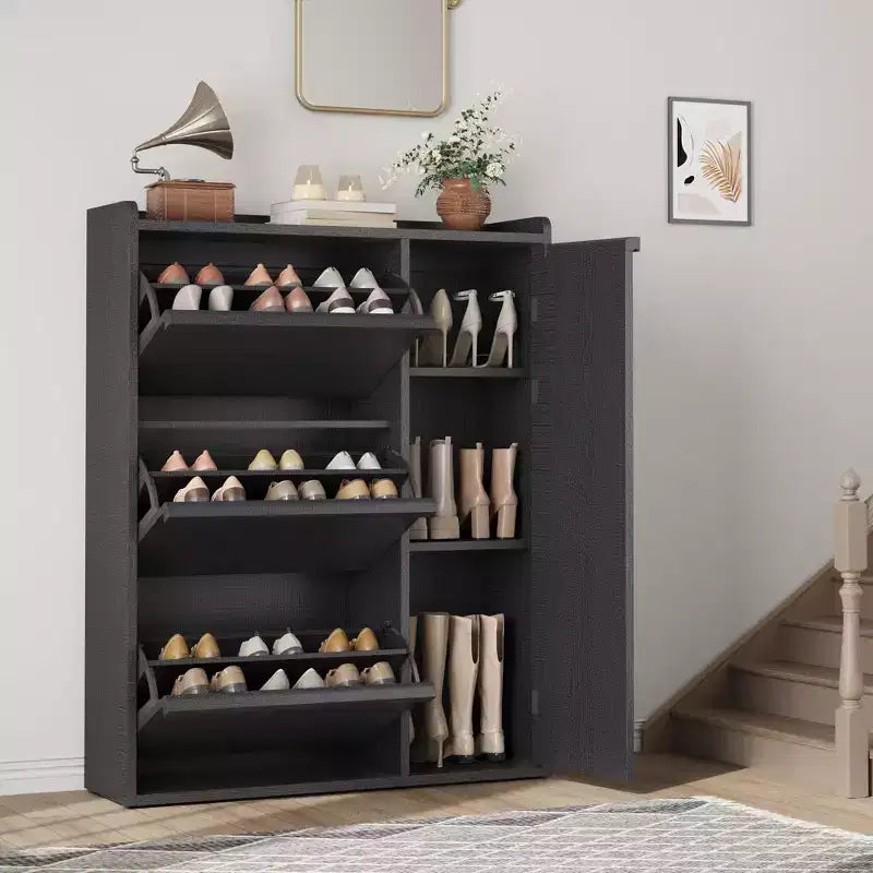 GustoWave Scarpiera con 3 Cassetti a Ribalta, Organizer per Scarpe Nascosto con Ripiani Regolabili, Scarpiera Indipendente in Legno