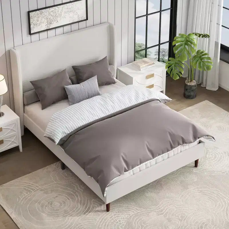 Struttura letto imbottita Queen/King Size, letto a piattaforma con testiera alta in ciniglia, nessuna necessità di rete a molle, bianco avorio - ModernLuxe
