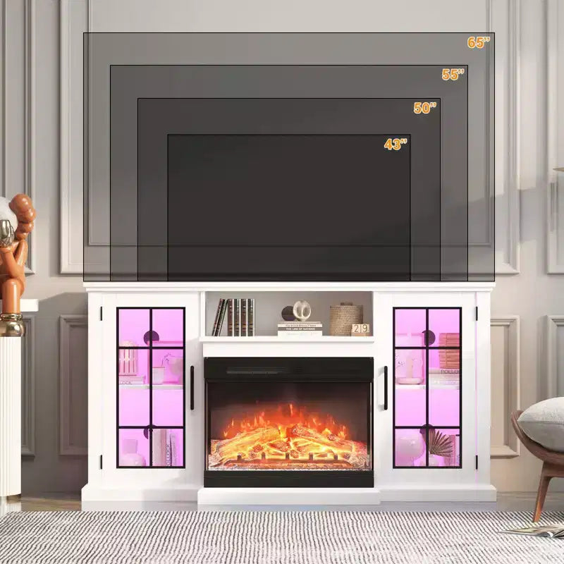 Mobile TV camino in vetro a 3 lati da 59 pollici per TV fino a 65 pollici, console multimediale rustica con luci LED, contenitore con porta in vetro, mobile da intrattenimento bianco anticato